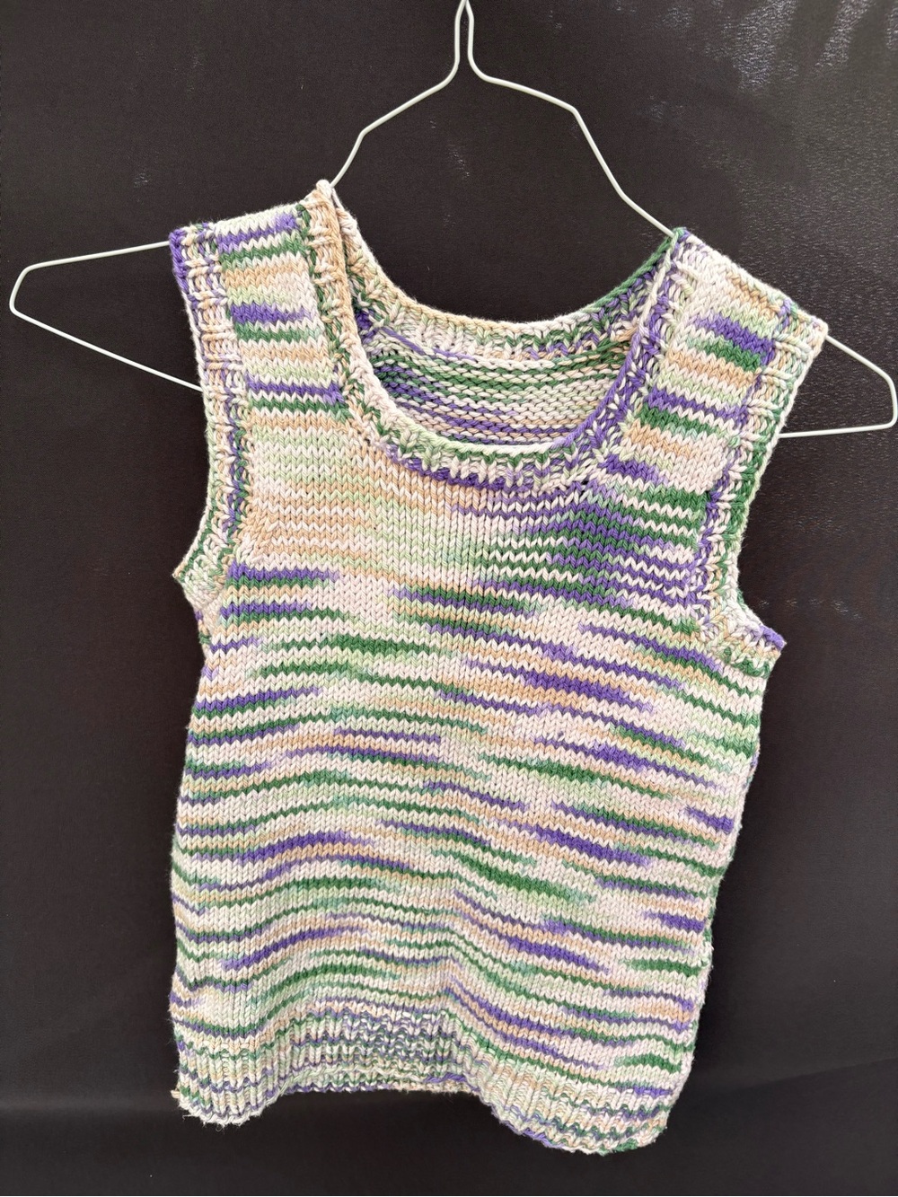 Hand-Knit Sleeveless Tank Top in Cream, Green & Purple